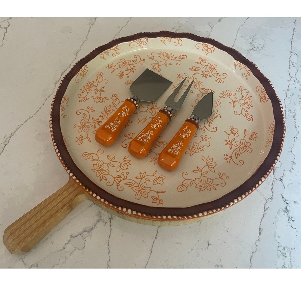 Temp-tations Floral Lace Spice Charcuterie Set Ceramic Platter Bamboo Board NIB
